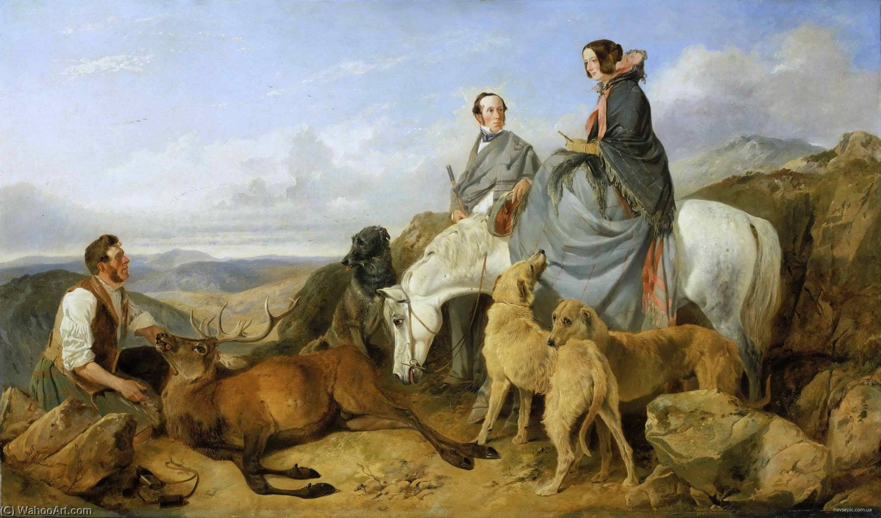 Wikioo.org - The Encyclopedia of Fine Arts - Painting, Artwork by Richard Ansdell - Mr. and Mrs. John Naylor with a Keeper and a Dead Stag