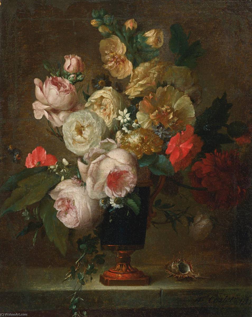 Wikioo.org - The Encyclopedia of Fine Arts - Painting, Artwork by Anne Vallayer Coster - Still life of flowers in a vase with a shell