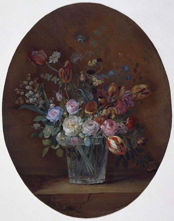 Wikioo.org - The Encyclopedia of Fine Arts - Painting, Artwork by Anne Vallayer Coster - A glass containing roses, tulips, lily of the valley and violas