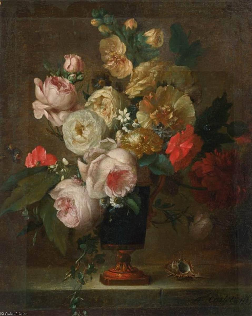 Wikioo.org - The Encyclopedia of Fine Arts - Painting, Artwork by Anne Vallayer Coster - Still Life of Flowers in a Vase with a Shell