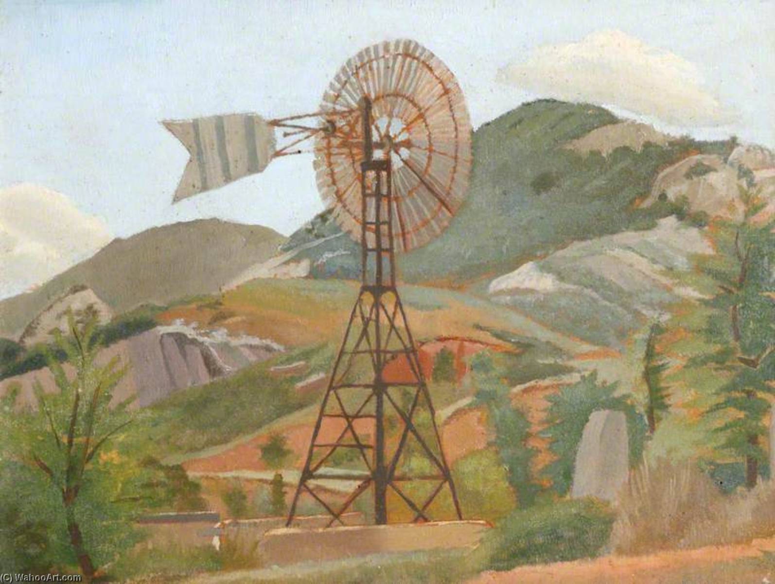 Wikioo.org - The Encyclopedia of Fine Arts - Painting, Artwork by Gilbert Spencer - Mountain Landscape with a Windmill