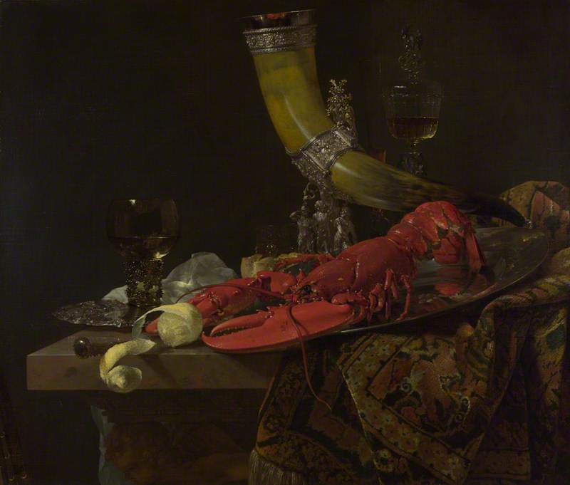 Wikioo.org - The Encyclopedia of Fine Arts - Painting, Artwork by Willem Kalf - Still Life with the Drinking Horn of the Saint Sebastian Archers' Guild, Lobster and Glasses