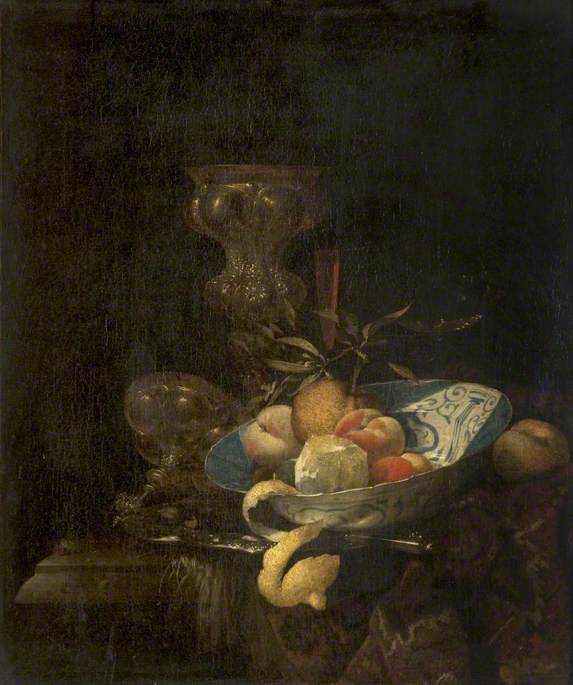Wikioo.org - The Encyclopedia of Fine Arts - Painting, Artwork by Willem Kalf - Still Life Silver Gilt Goblet, Porcelain Bowl, Glassware and Peeled Orange