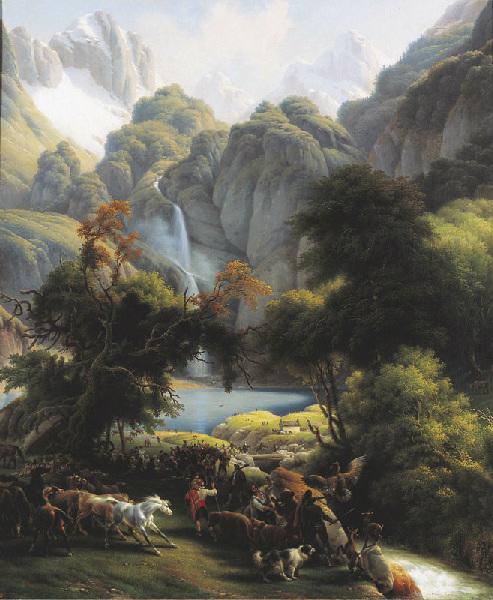 Wikioo.org - The Encyclopedia of Fine Arts - Painting, Artwork by Louis François Baron Lejeune - La Chasse à l'ours vers la cascade du lac d'Oo, près de Bagnères de Luchon