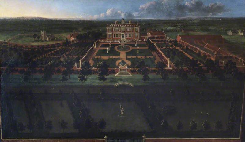 Wikioo.org - The Encyclopedia of Fine Arts - Painting, Artwork by Jan Griffier - Bird's Eye View of Sudbury Hall South Front and Its Formal Gardens