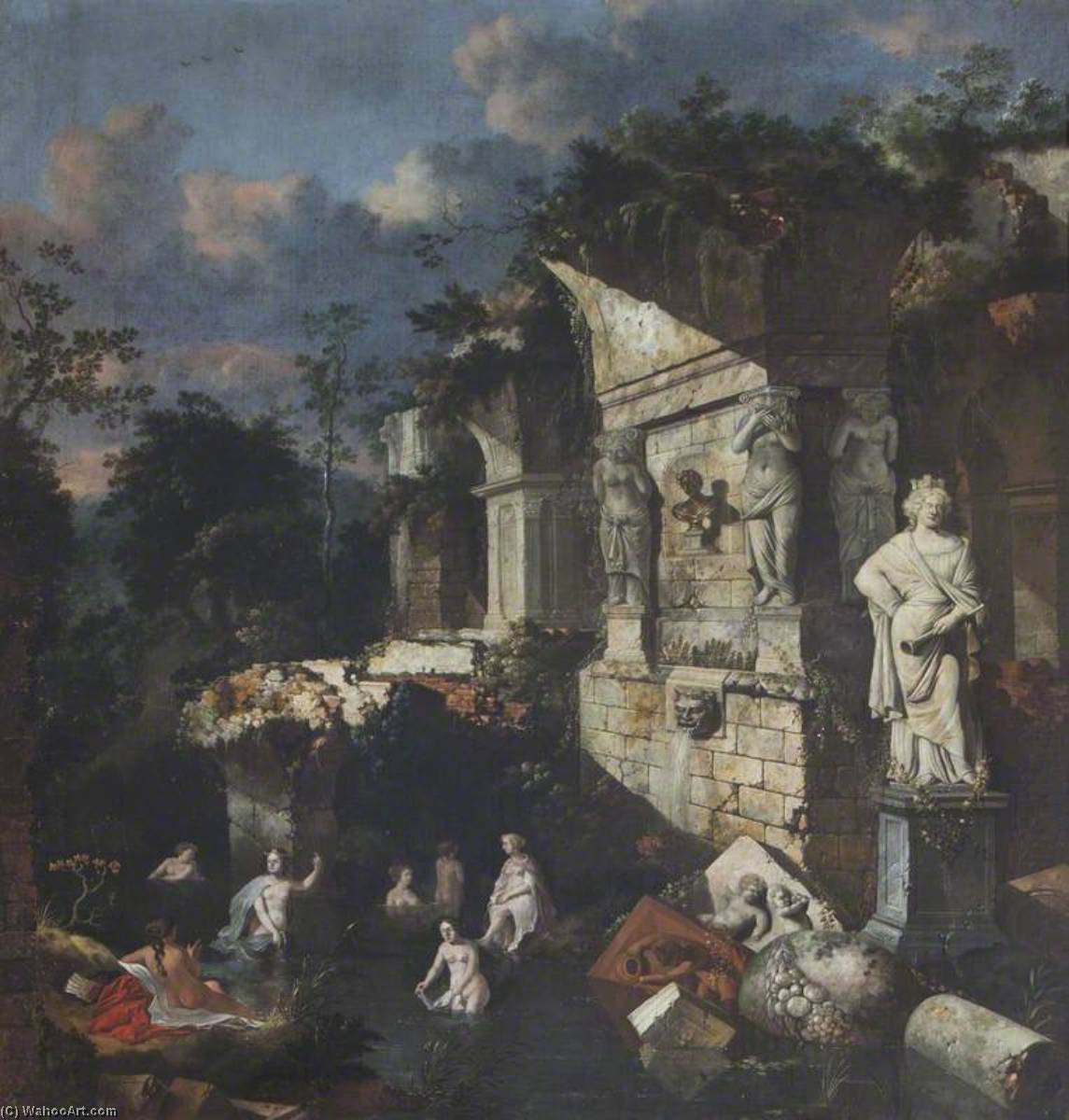 Wikioo.org - The Encyclopedia of Fine Arts - Painting, Artwork by Jan Griffier - Classical Ruins with Diana and Nymphs Bathing