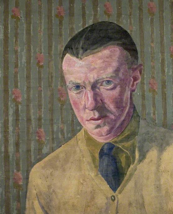 Wikioo.org - The Encyclopedia of Fine Arts - Painting, Artwork by Robert Polhill Bevan - Portrait of a Man Wearing Green Shirt and Tie against Striped Wall (Dickie)