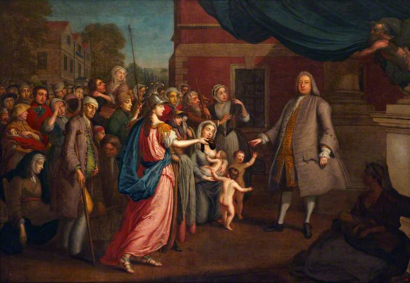 Wikioo.org - The Encyclopedia of Fine Arts - Painting, Artwork by Thomas Bardwell - Joshua Ward Receiving Money from Britannia (and Bestowing it as Charity on the Needy)