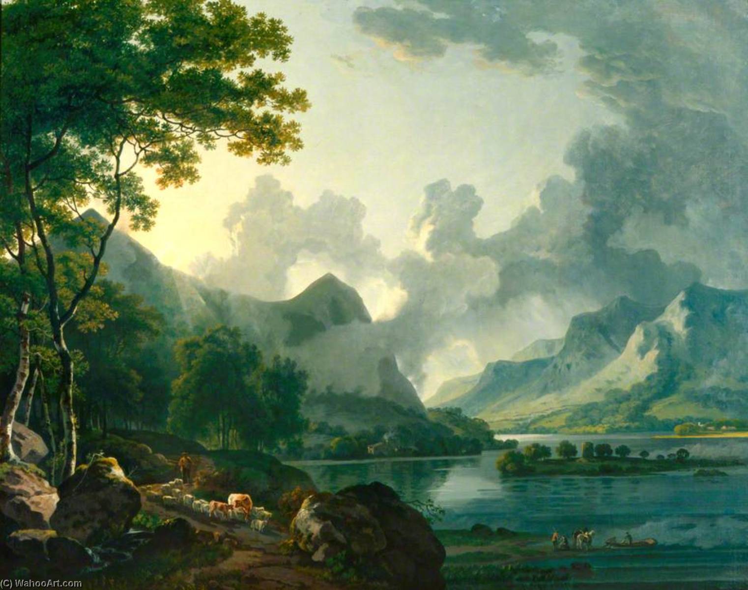 Wikioo.org - The Encyclopedia of Fine Arts - Painting, Artwork by George Barret The Elder - A View in the Lake District