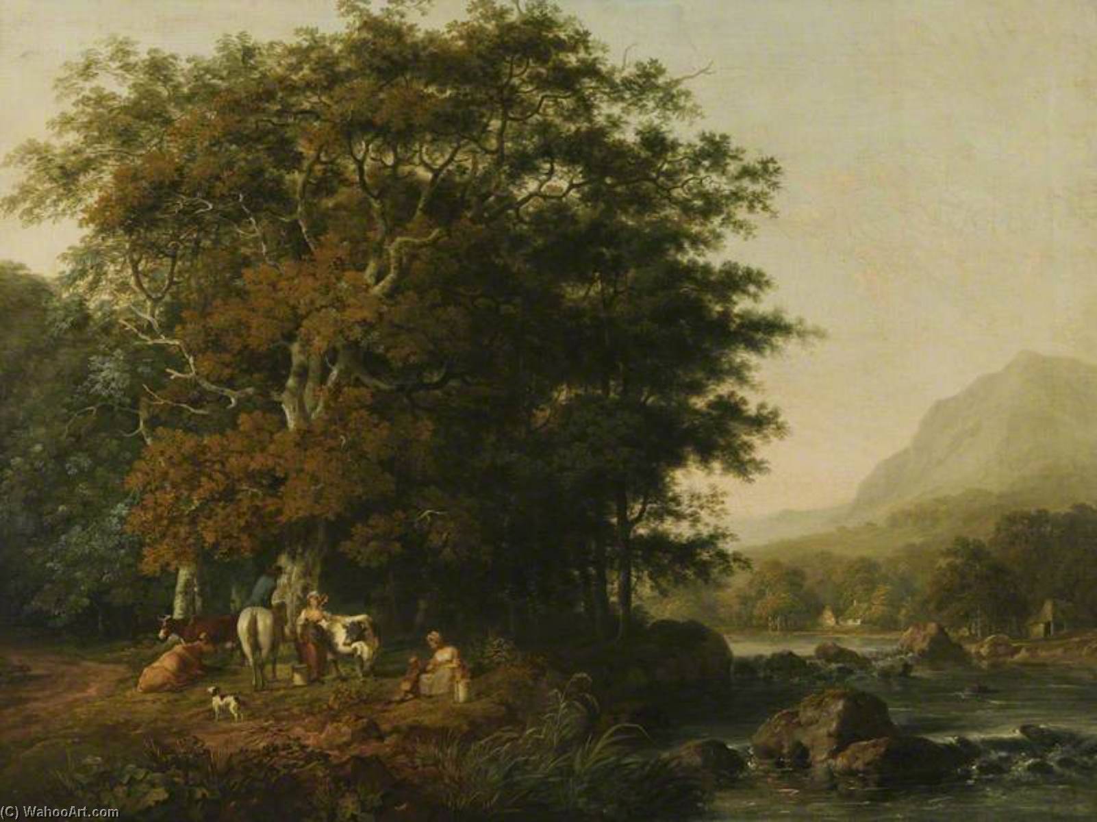 Wikioo.org - The Encyclopedia of Fine Arts - Painting, Artwork by George Barret The Elder - Milkmaids in a Welsh Landscape