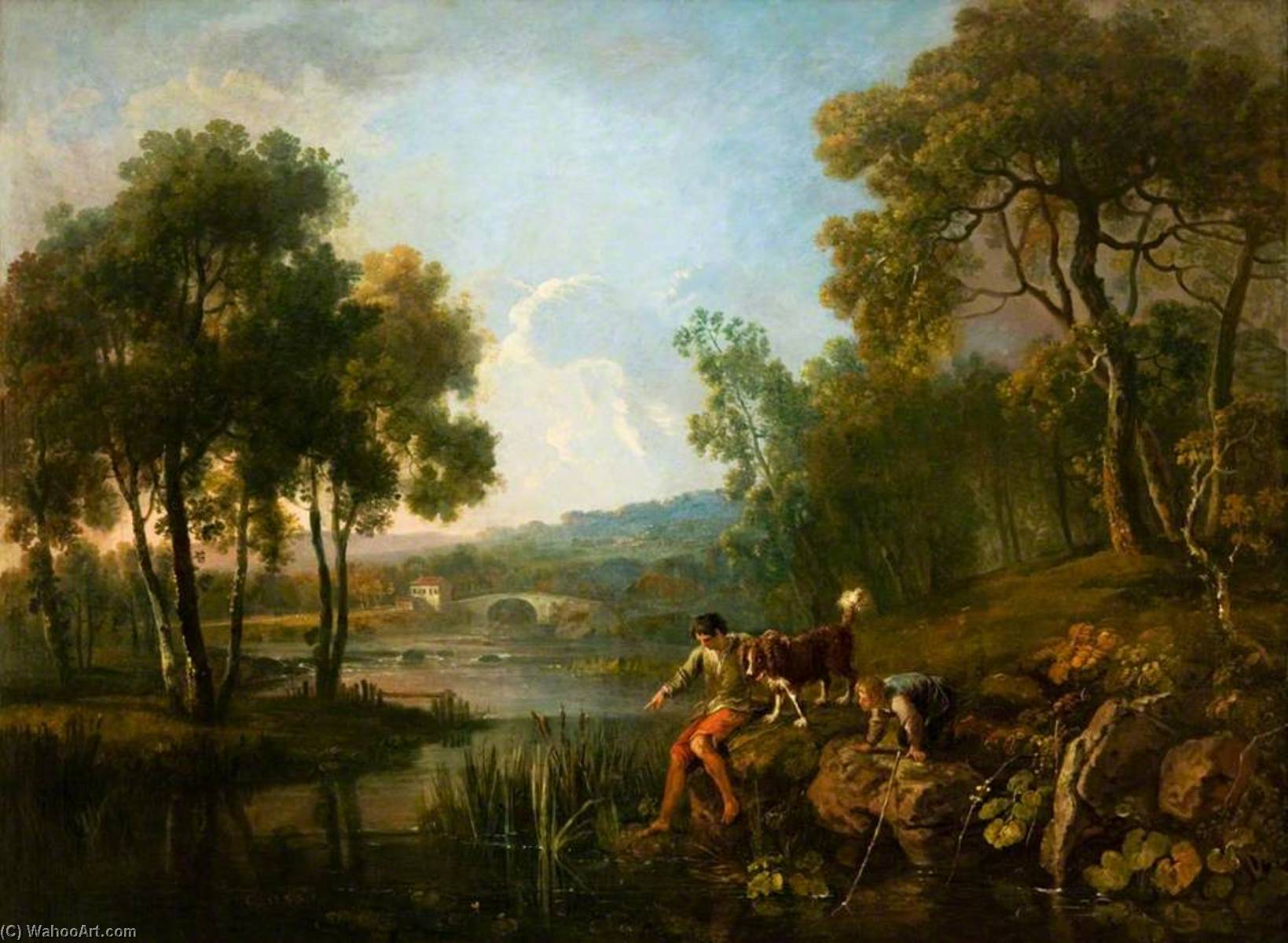 Wikioo.org - The Encyclopedia of Fine Arts - Painting, Artwork by George Barret The Elder - Landscape with Two Boys and a Dog by a River