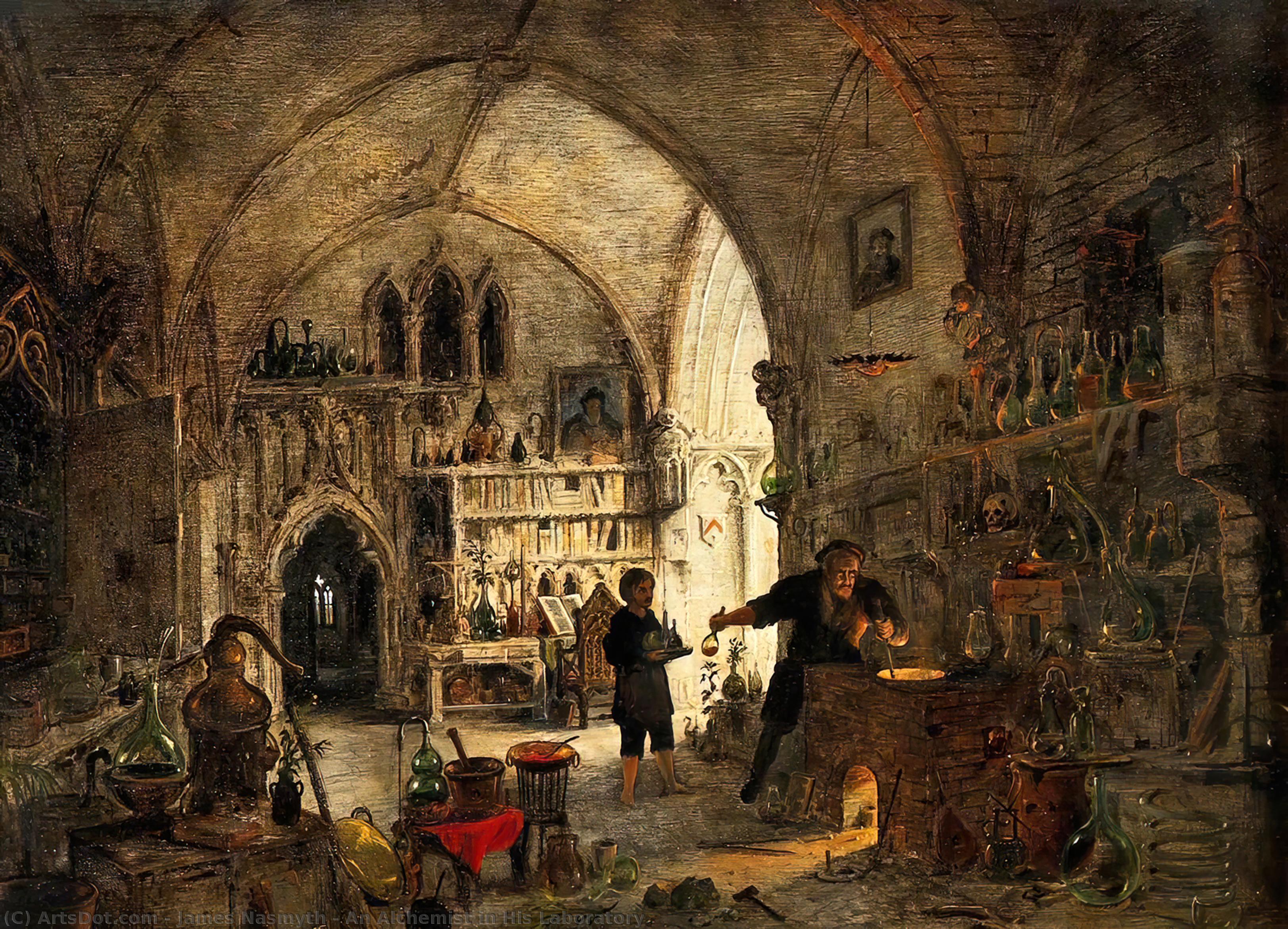 Wikioo.org - The Encyclopedia of Fine Arts - Painting, Artwork by James Nasmyth - An Alchemist in His Laboratory