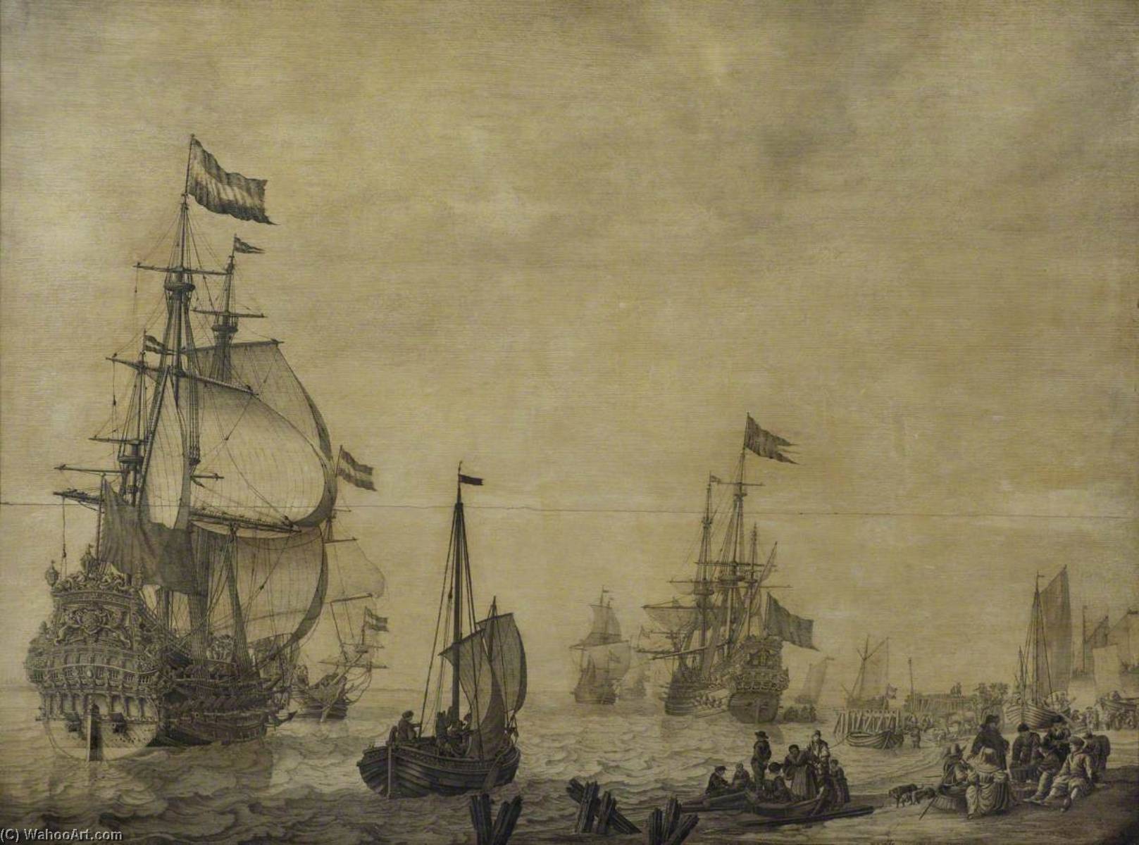 WikiOO.org - Encyclopedia of Fine Arts - Lukisan, Artwork Willem Van De Velde The Elder - Dutch Flagship near the Shore with a Swedish Ship in the Background