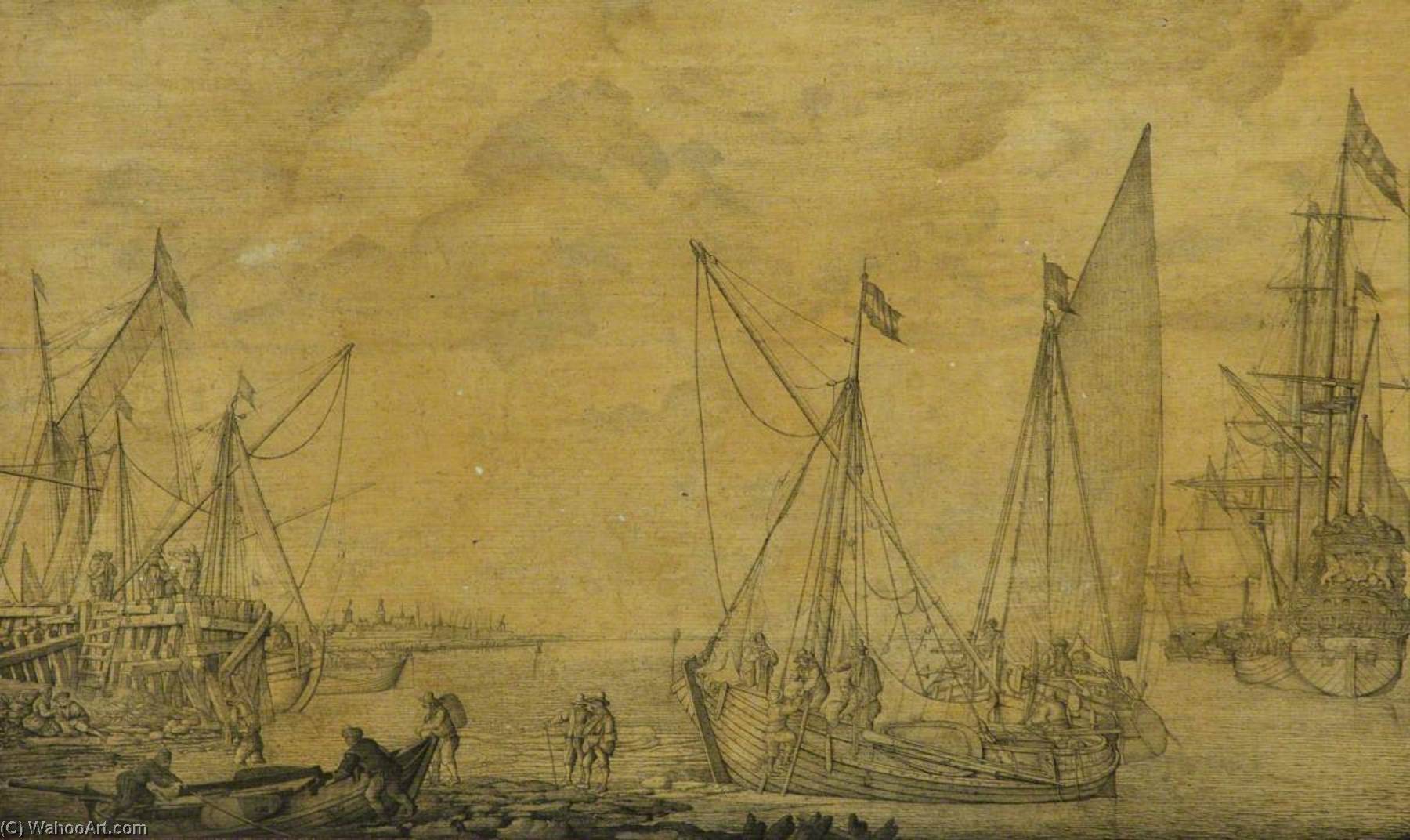 Wikioo.org - The Encyclopedia of Fine Arts - Painting, Artwork by Willem Van De Velde The Elder - A Kaag and Other Vessels off a Pier