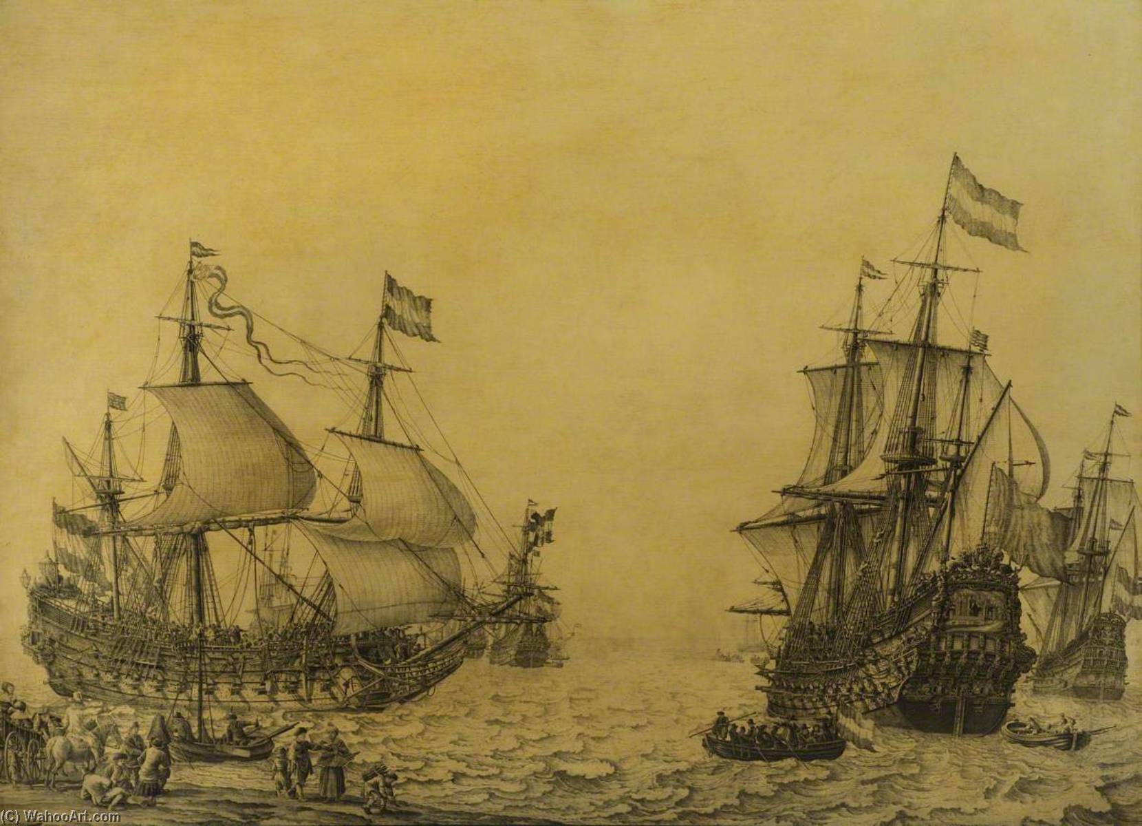 Wikioo.org - The Encyclopedia of Fine Arts - Painting, Artwork by Willem Van De Velde The Elder - The Dutch Ship 'Oosterwijk' Under Sail near the Shore, in Two Positions
