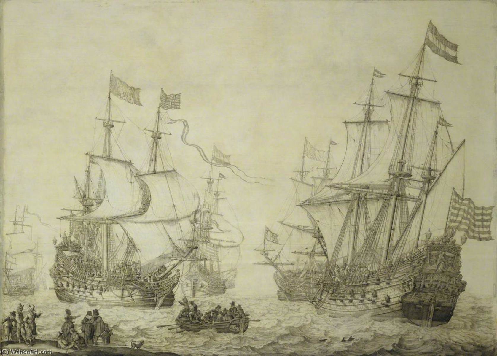 WikiOO.org - Encyclopedia of Fine Arts - Lukisan, Artwork Willem Van De Velde The Elder - Two Dutch Merchant Ships Under Sail near the Shore in a Moderate Breeze