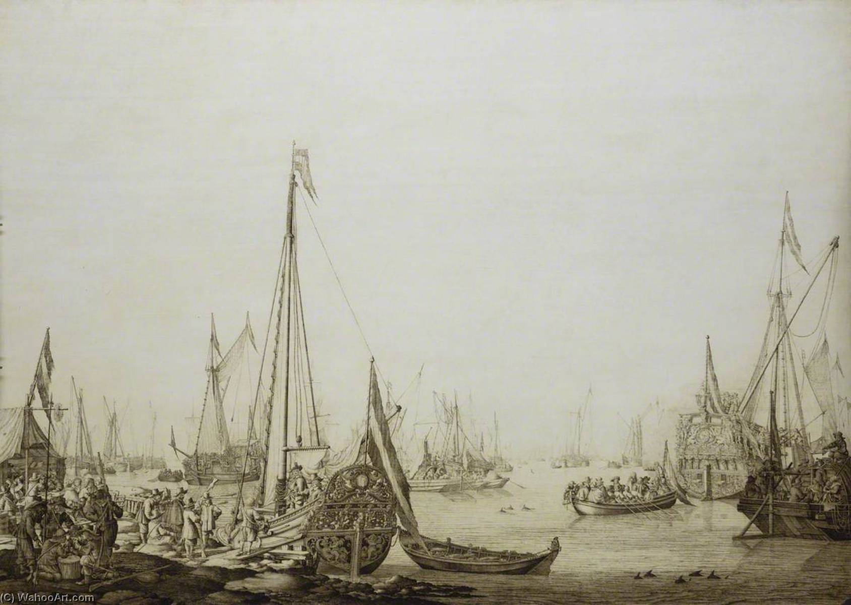 Wikioo.org - The Encyclopedia of Fine Arts - Painting, Artwork by Willem Van De Velde The Elder - A Dutch Bezan Yacht and Many Other Vessels in a Crowded Harbour beside a Tavern