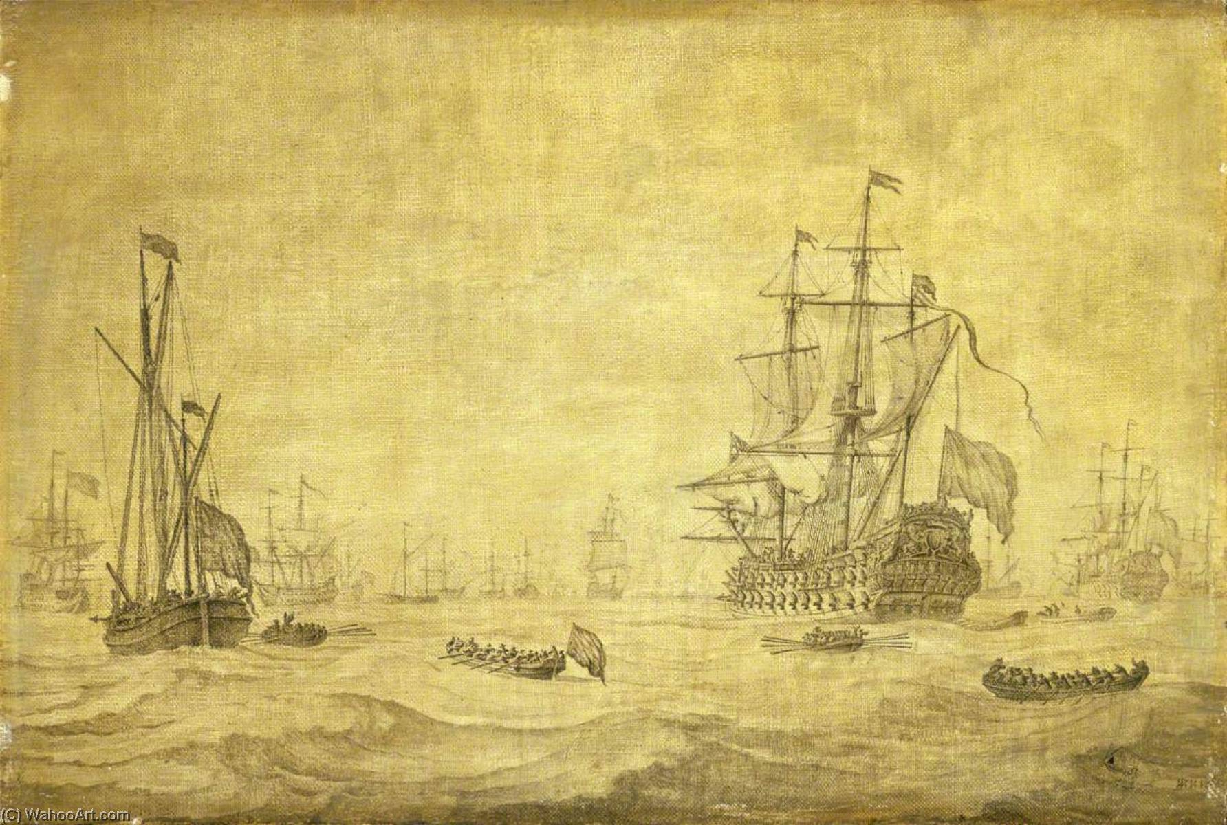 Wikoo.org - موسوعة الفنون الجميلة - اللوحة، العمل الفني Willem Van De Velde The Elder - A Dutch Two Decker and a Galjoot Lying By with the Fleet at Sea, c.1672