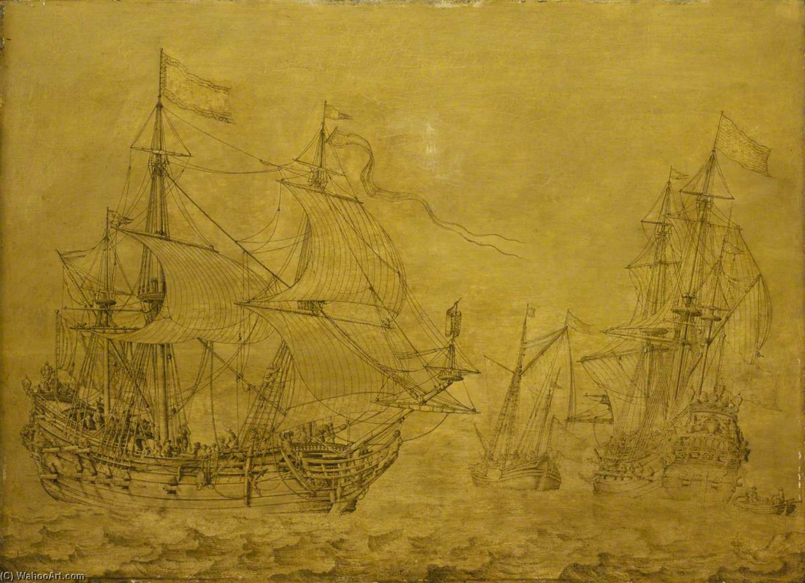 WikiOO.org - Encyclopedia of Fine Arts - Lukisan, Artwork Willem Van De Velde The Elder - Two Merchant Ships Under Sail in a Moderate Breeze
