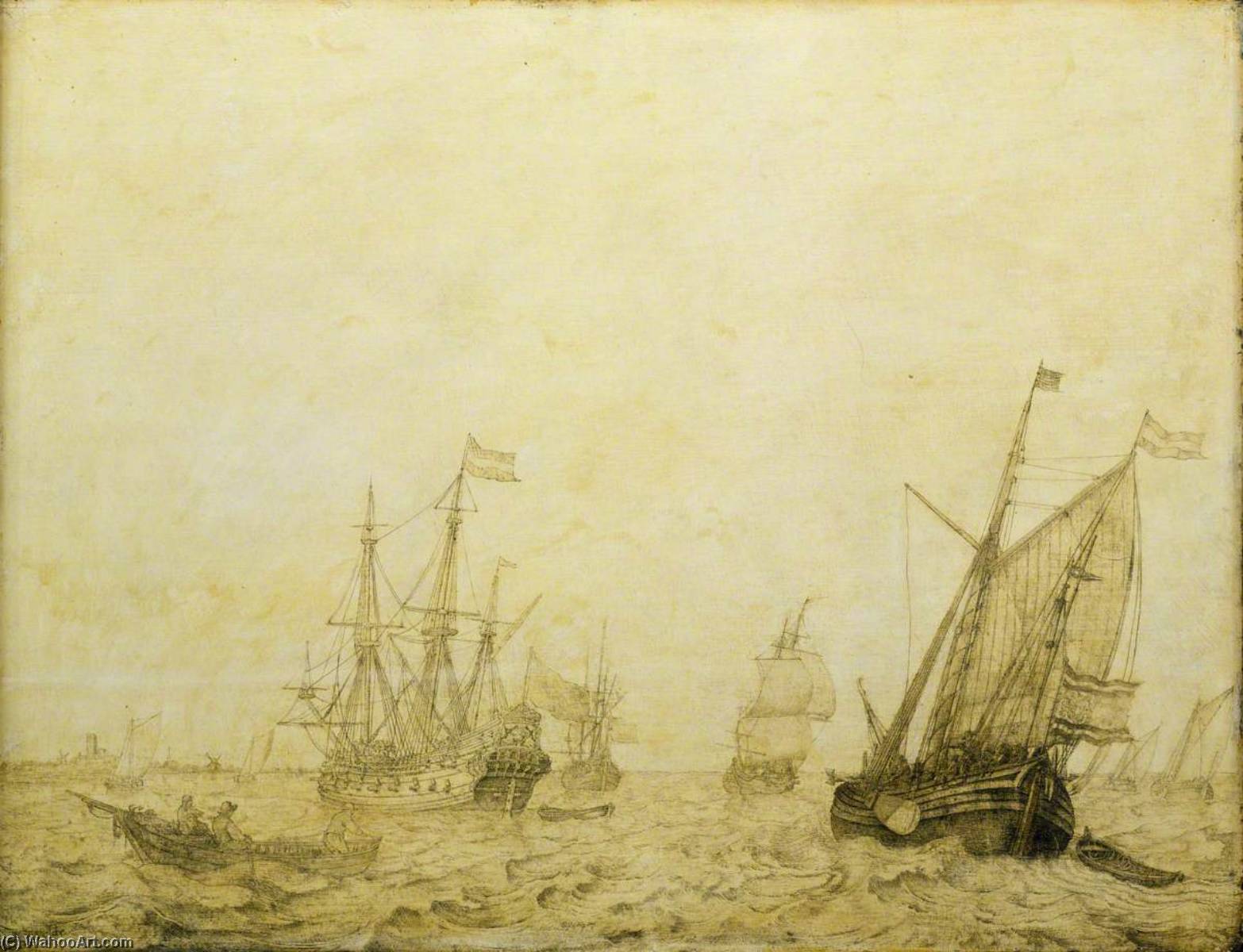 Wikioo.org - The Encyclopedia of Fine Arts - Painting, Artwork by Willem Van De Velde The Elder - A Wijdschip and Other Vessels off a Harbour