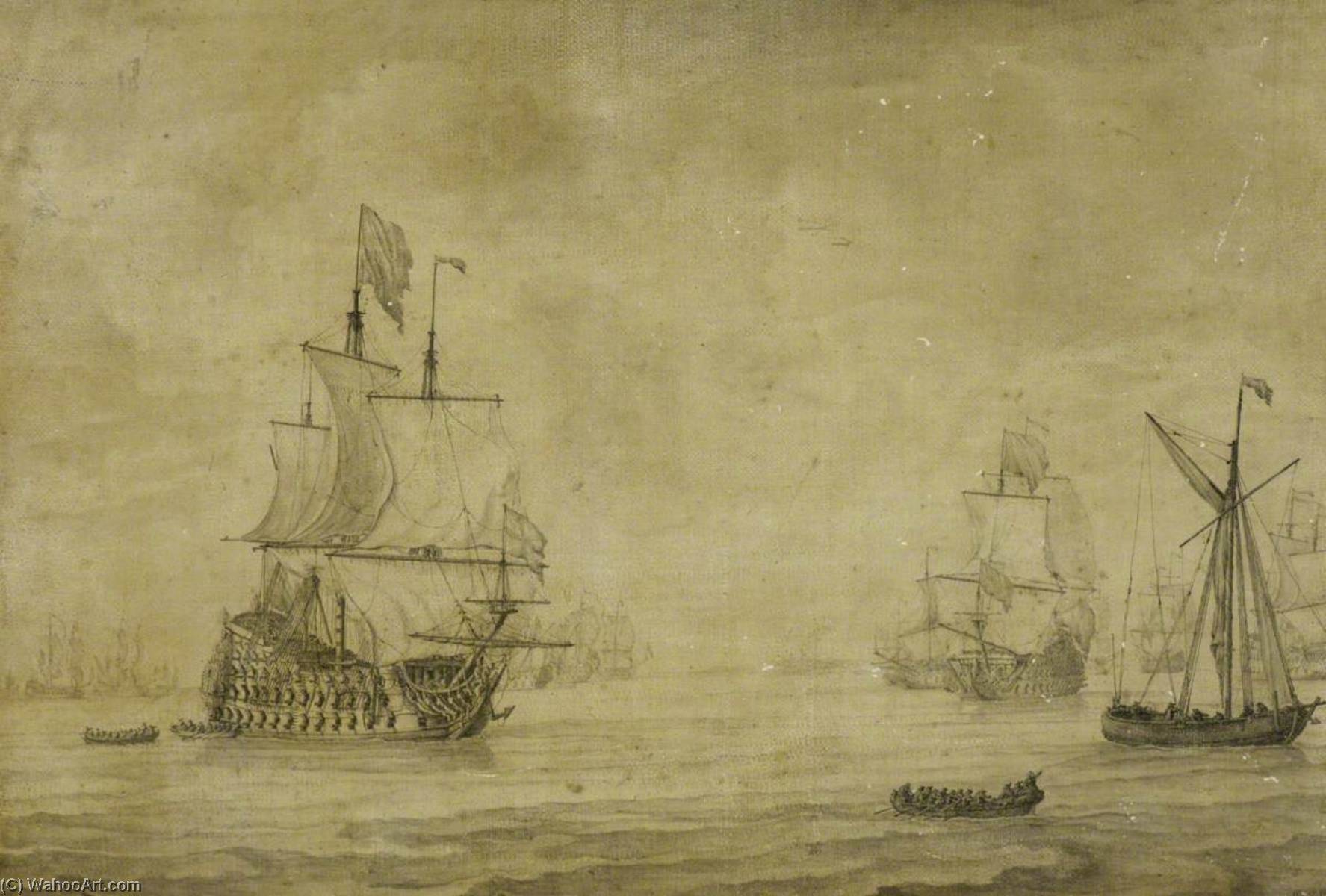 WikiOO.org - Encyclopedia of Fine Arts - Lukisan, Artwork Willem Van De Velde The Elder - An English Three Decker with the Fleet in Light Airs