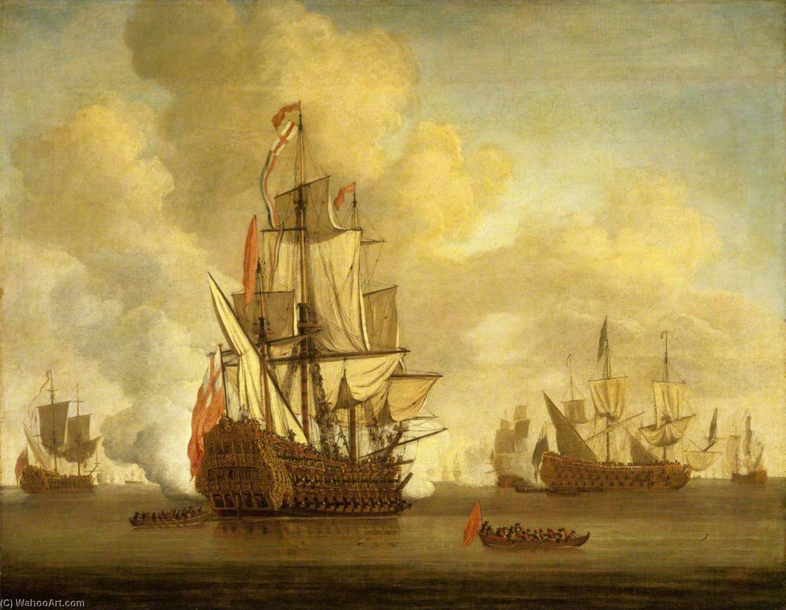 Wikioo.org - The Encyclopedia of Fine Arts - Painting, Artwork by Willem Van De Velde The Elder - Calm An English Two Decker with Sails Loosed Firing a Salute