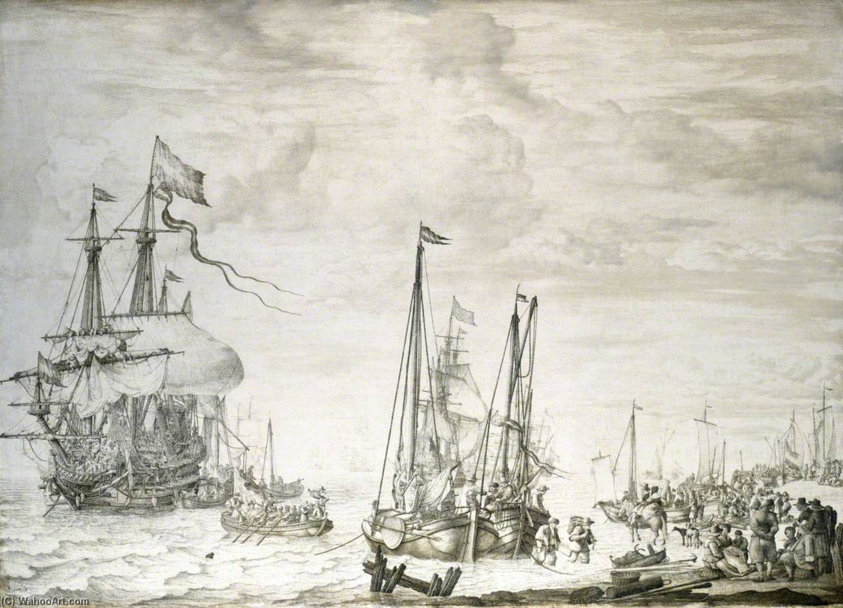 Wikioo.org - The Encyclopedia of Fine Arts - Painting, Artwork by Willem Van De Velde The Elder - A Dutch Flagship, Thought to be the 'Eendracht' at Anchor Close In