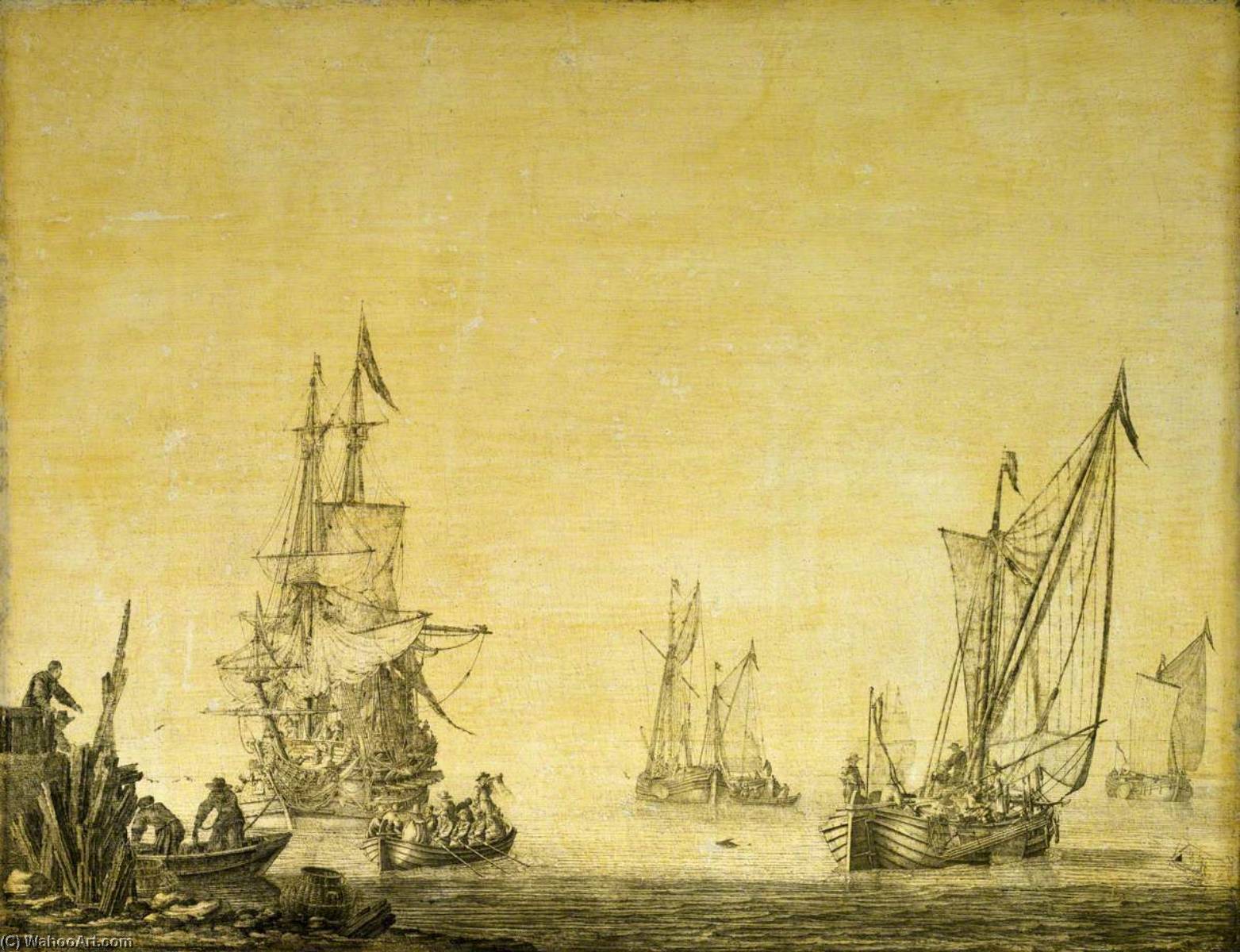 Wikioo.org - The Encyclopedia of Fine Arts - Painting, Artwork by Willem Van De Velde The Elder - Calm A Kaag Sailing out from the End of a Pier