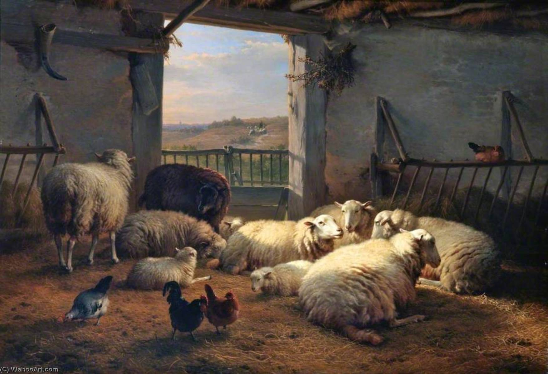 Wikioo.org - The Encyclopedia of Fine Arts - Painting, Artwork by Eugène Joseph Verboeckhoven - Sheep and Hens in a Barn