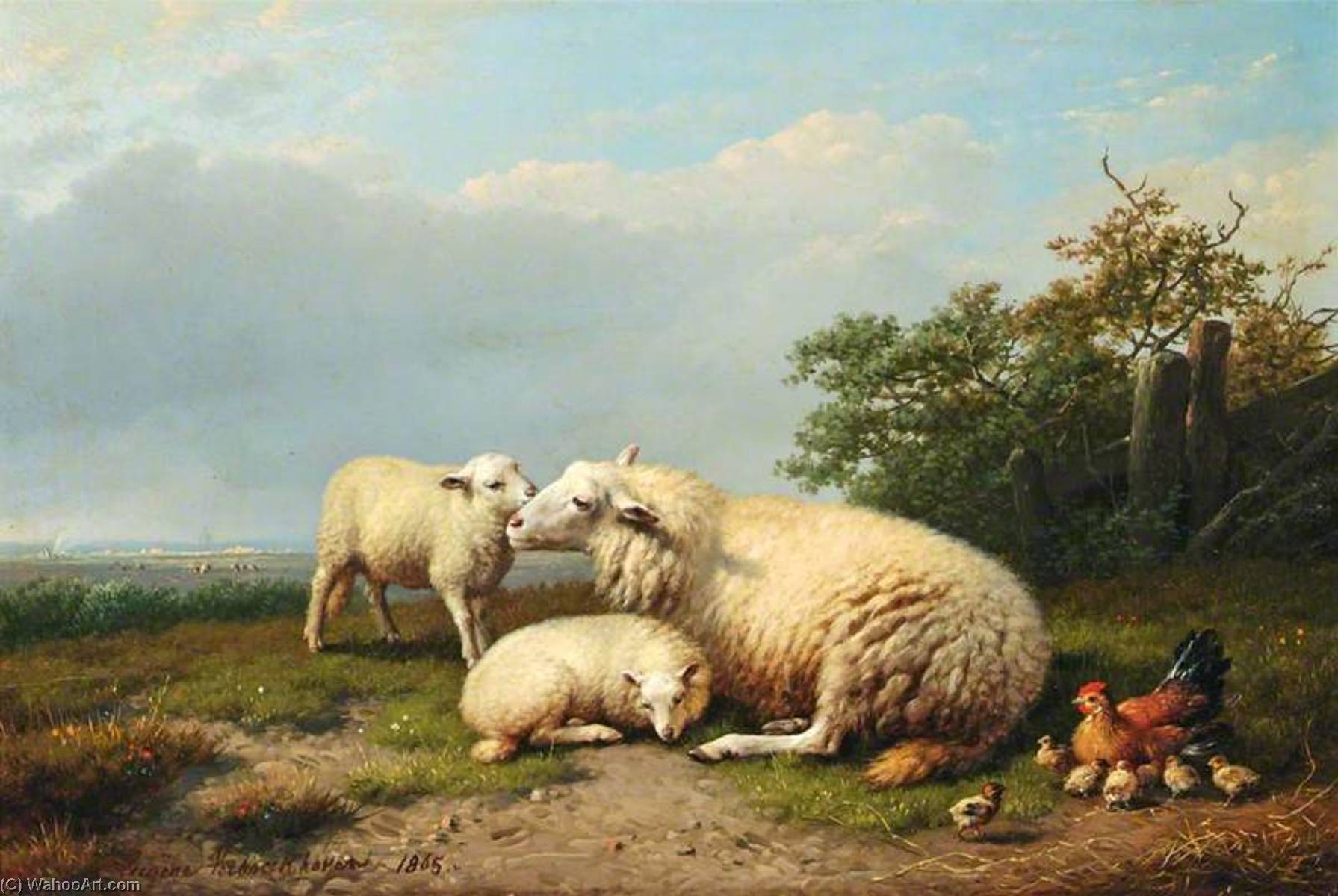 Wikioo.org - The Encyclopedia of Fine Arts - Painting, Artwork by Eugène Joseph Verboeckhoven - Sheep, Hen and Chicks in a Landscape