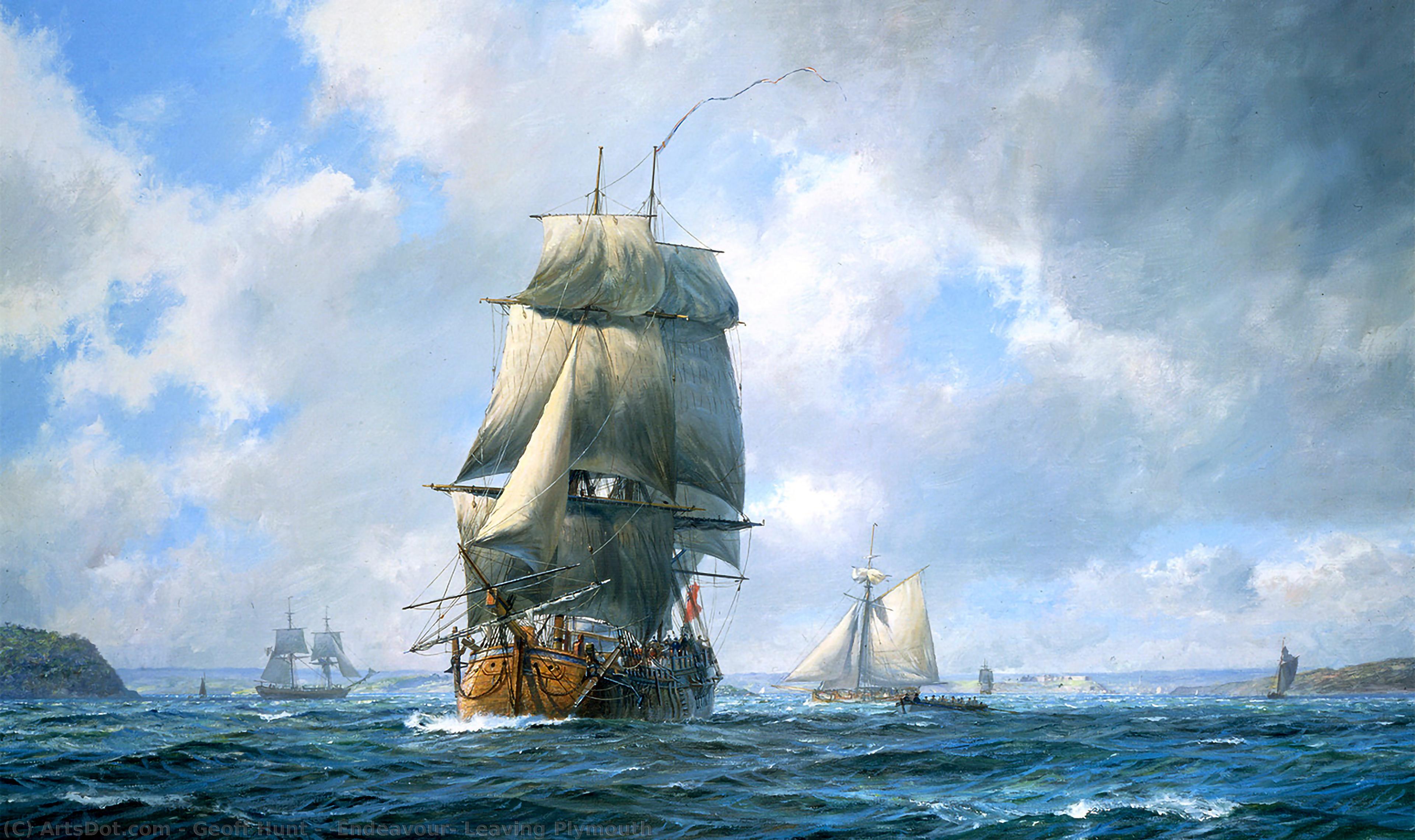 Wikioo.org - The Encyclopedia of Fine Arts - Painting, Artwork by Geoff Hunt - 'Endeavour' Leaving Plymouth
