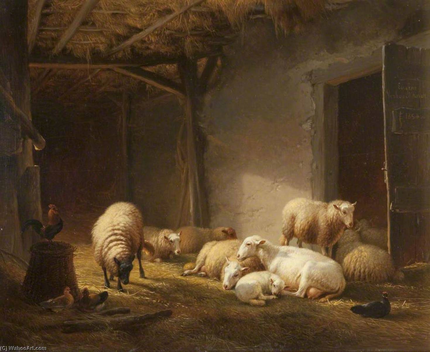 Wikioo.org - The Encyclopedia of Fine Arts - Painting, Artwork by Eugène Joseph Verboeckhoven - A Sunlit Barn with Ewes, Lambs and Chickens
