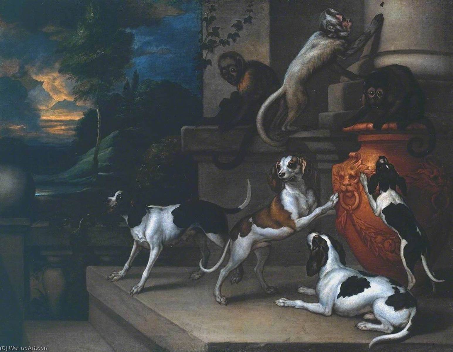 Wikioo.org - The Encyclopedia of Fine Arts - Painting, Artwork by Francis Barlow - Monkeys and Dogs Playing
