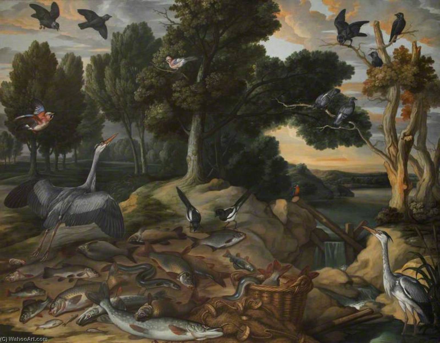 Wikioo.org - The Encyclopedia of Fine Arts - Painting, Artwork by Francis Barlow - Landscape with Birds and Fishes