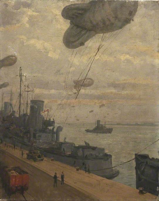 Wikioo.org - The Encyclopedia of Fine Arts - Painting, Artwork by Francis Edwin Hodge - A Balloon Being Transferred to a Land Winch from a Barrage Balloon Vessel
