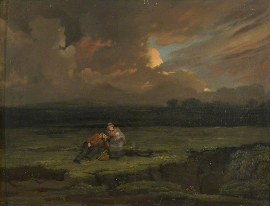Wikioo.org - The Encyclopedia of Fine Arts - Painting, Artwork by Edward Villiers Rippingille - A Soldier and His Wife and Child in a Stormy Landscape