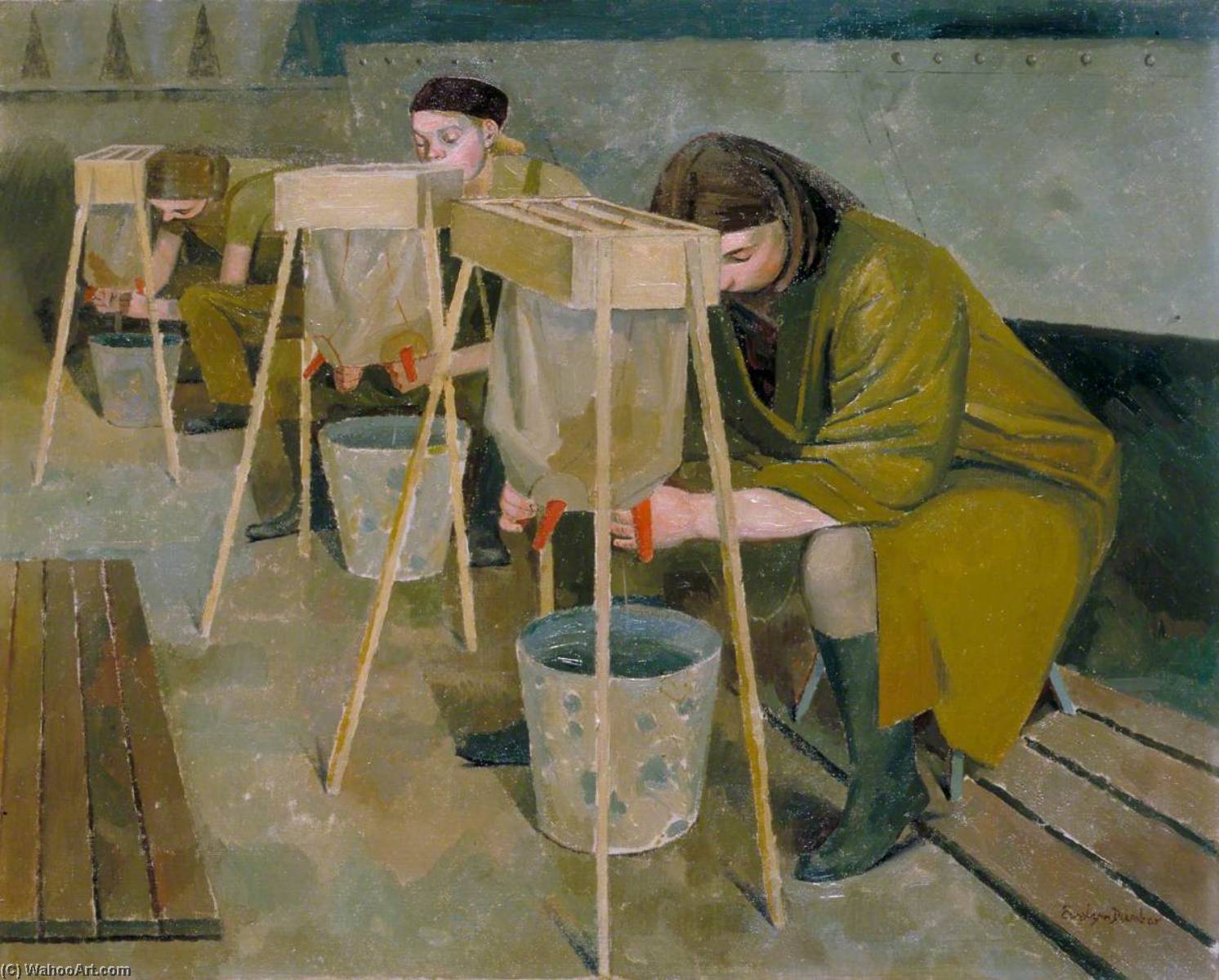 Wikioo.org - The Encyclopedia of Fine Arts - Painting, Artwork by Evelyn Mary Dunbar - Milking Practice with Artificial Udders