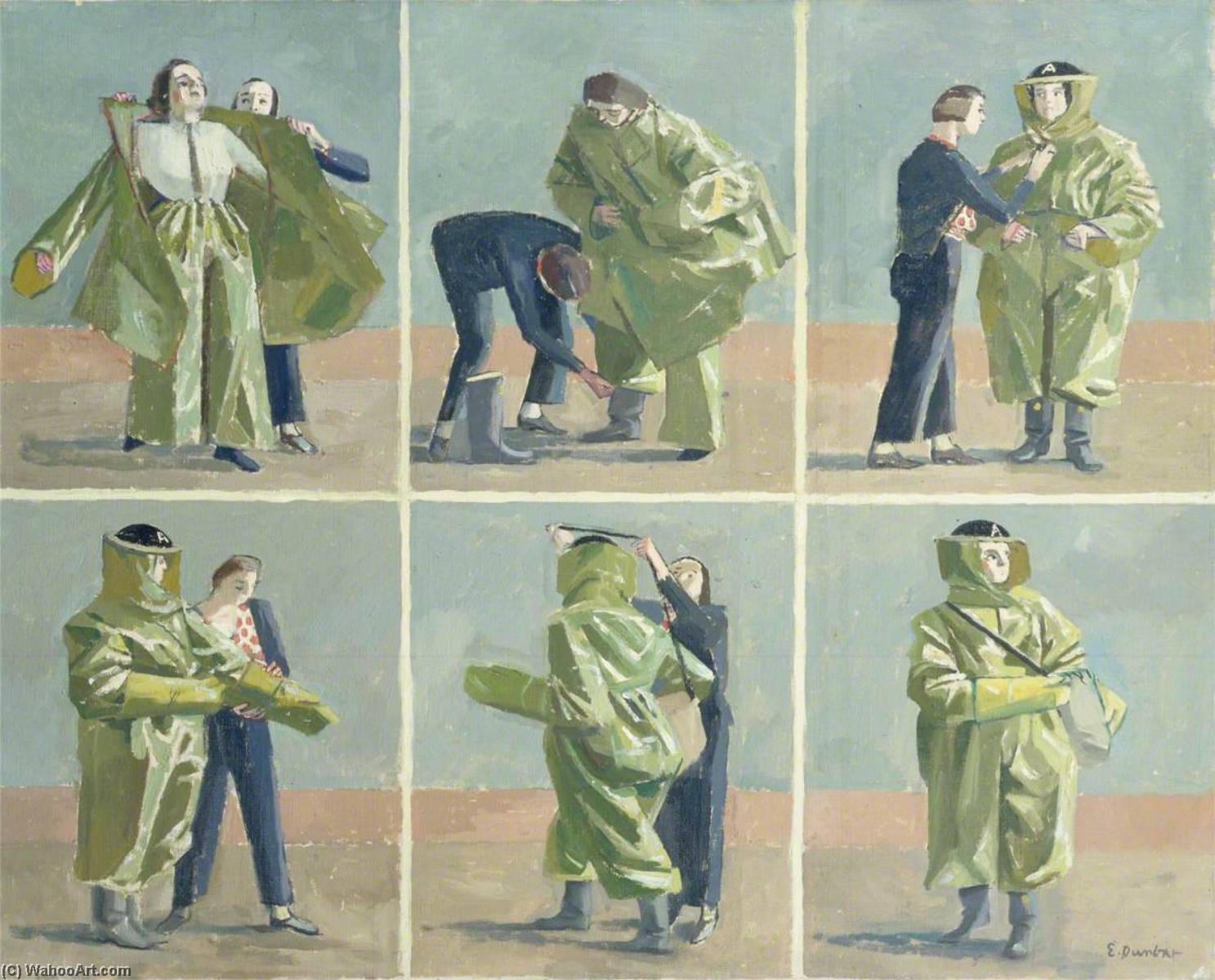 Wikioo.org - The Encyclopedia of Fine Arts - Painting, Artwork by Evelyn Mary Dunbar - Putting on Anti Gas Protective Clothing