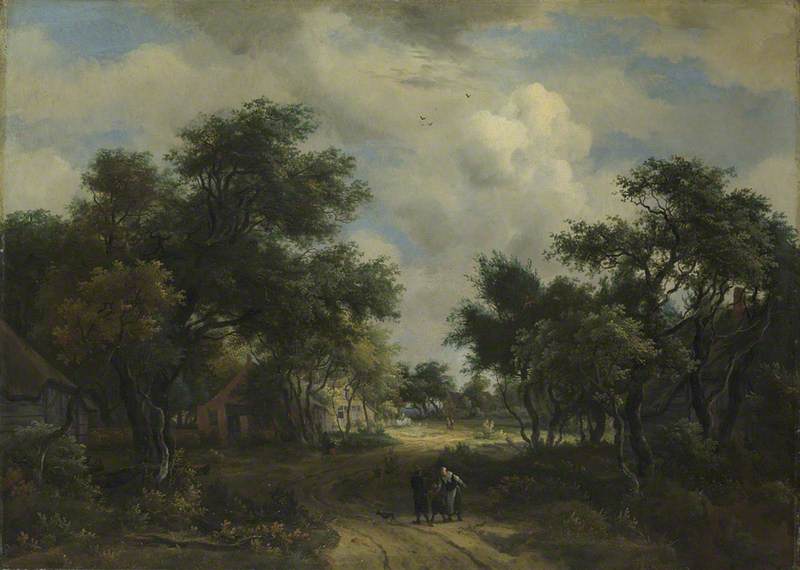 Wikioo.org - The Encyclopedia of Fine Arts - Painting, Artwork by Meindert Hobbema - A Road winding past Cottages