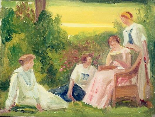 Wikioo.org - The Encyclopedia of Fine Arts - Painting, Artwork by Albert Henry Krehbiel - Lady Reading to Others in Garden, (painting)