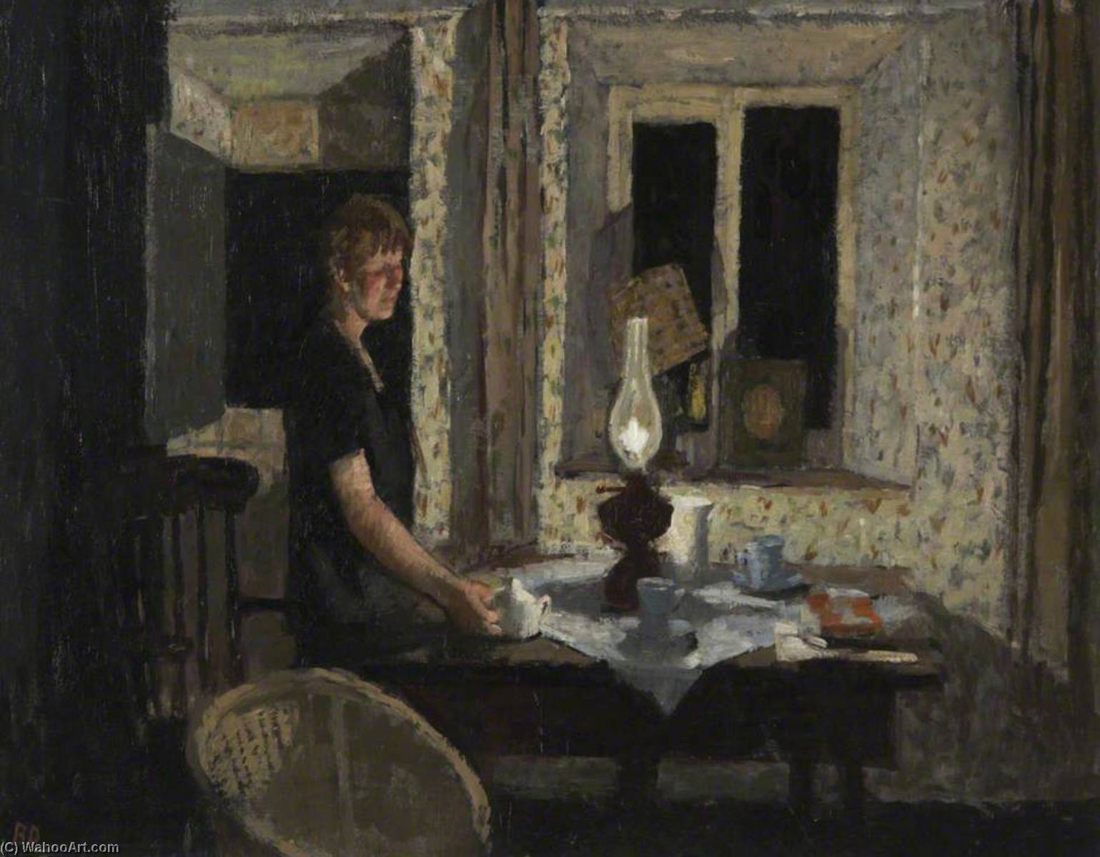 Wikioo.org - The Encyclopedia of Fine Arts - Painting, Artwork by Bernard Dunstan - Cottage Interior, Evening