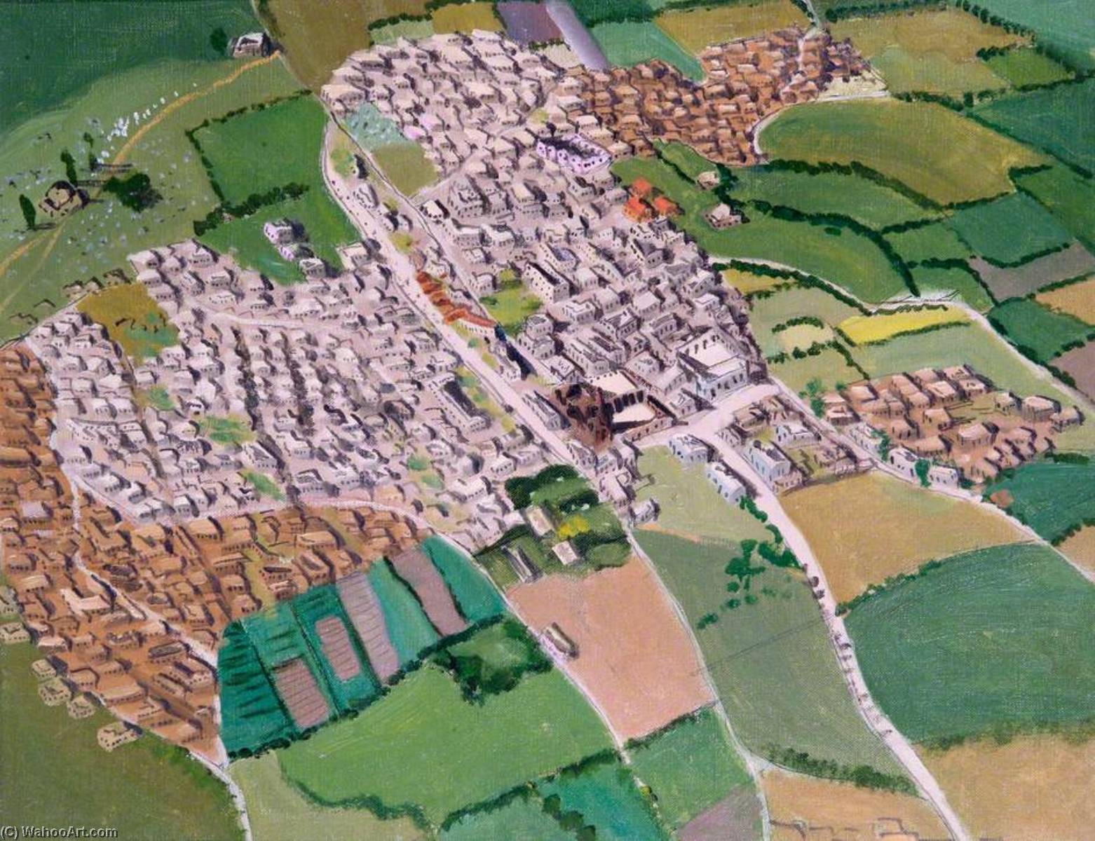 Wikioo.org - The Encyclopedia of Fine Arts - Painting, Artwork by Richard Carline - Gaza Seen from the Air, over British Lines on Ali Muntar Hill Looking towards the Sea