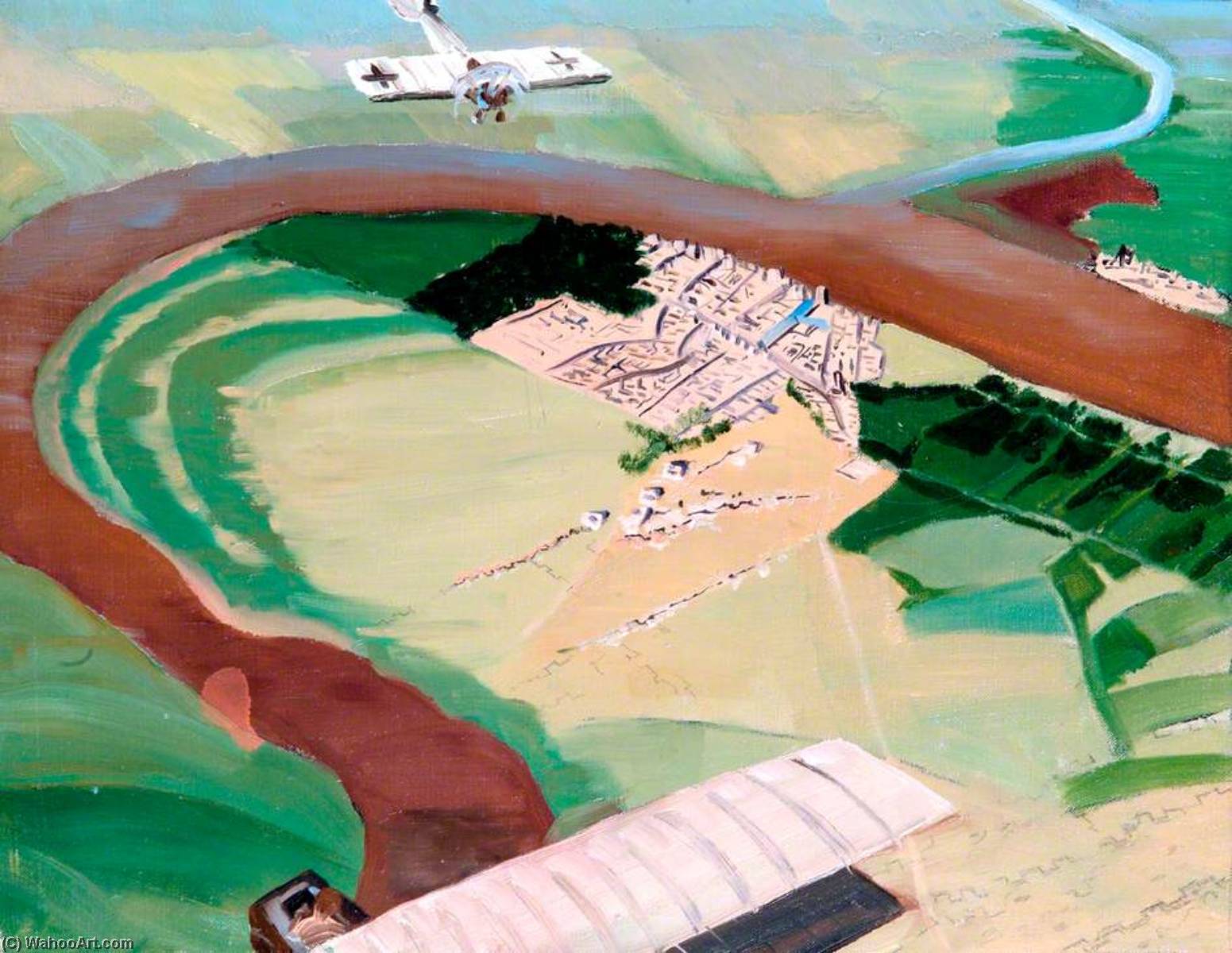 Wikioo.org - The Encyclopedia of Fine Arts - Painting, Artwork by Richard Carline - Siege of Kut el Amara Seen from the Air British 'Maurice Farman' Aeroplane Approaching, Attacked by Enemy 'Fokker'