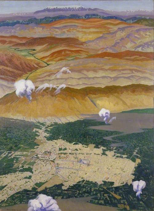 Wikioo.org - The Encyclopedia of Fine Arts - Painting, Artwork by Richard Carline - Damascus and the Lebanon Mountains from 10,000 Feet