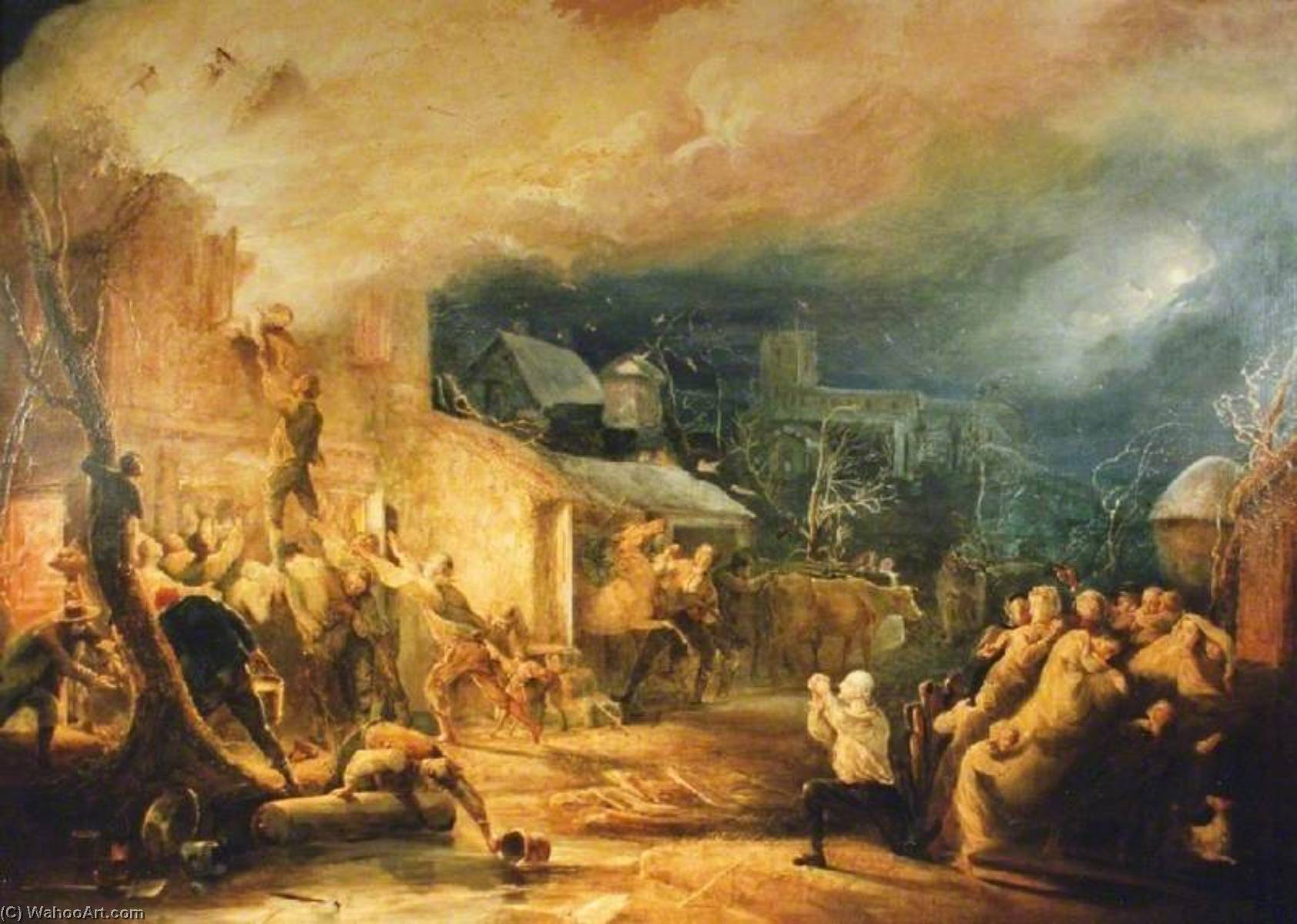 Wikioo.org - The Encyclopedia of Fine Arts - Painting, Artwork by Henry Perlee Parker - The Fire at Epworth Rectory, South Yorkshire