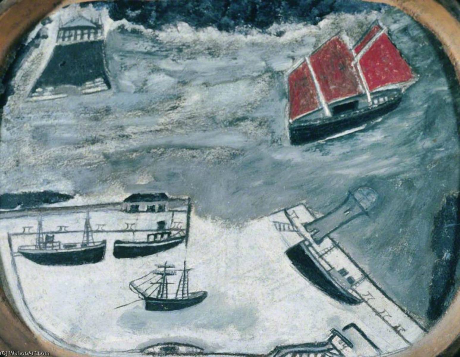 Wikioo.org - The Encyclopedia of Fine Arts - Painting, Artwork by Alfred Wallis - Schooner Approaching a Harbour