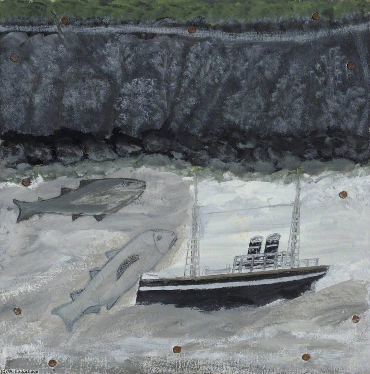 Wikioo.org - The Encyclopedia of Fine Arts - Painting, Artwork by Alfred Wallis - Land, Fish and Motor Vessel