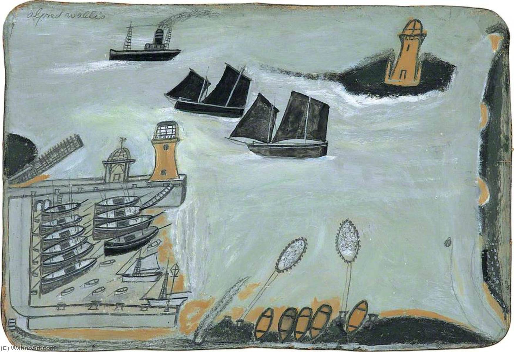 Wikioo.org - The Encyclopedia of Fine Arts - Painting, Artwork by Alfred Wallis - Three ships and lighthouse (verso)