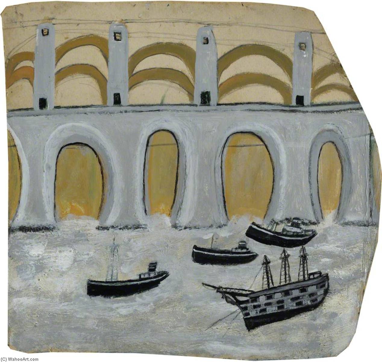 Wikioo.org - The Encyclopedia of Fine Arts - Painting, Artwork by Alfred Wallis - Boats before a Great Bridge (Royal Albert Bridge )