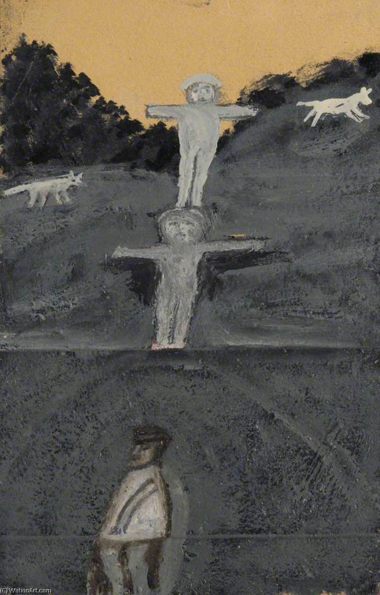 Wikioo.org - The Encyclopedia of Fine Arts - Painting, Artwork by Alfred Wallis - Crucifixion or Allegory with Three Figures and Two Dogs
